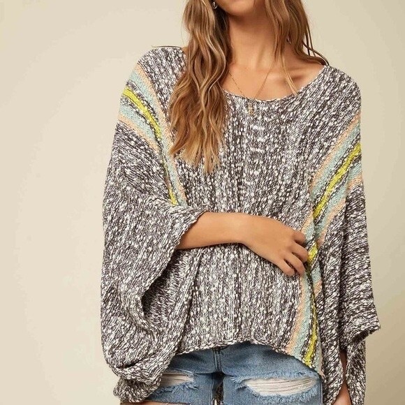 O’Neill Oversized Striped Knit Sweater Women’s XS/S Gray Multicolor Boho Top - Picture 6 of 14